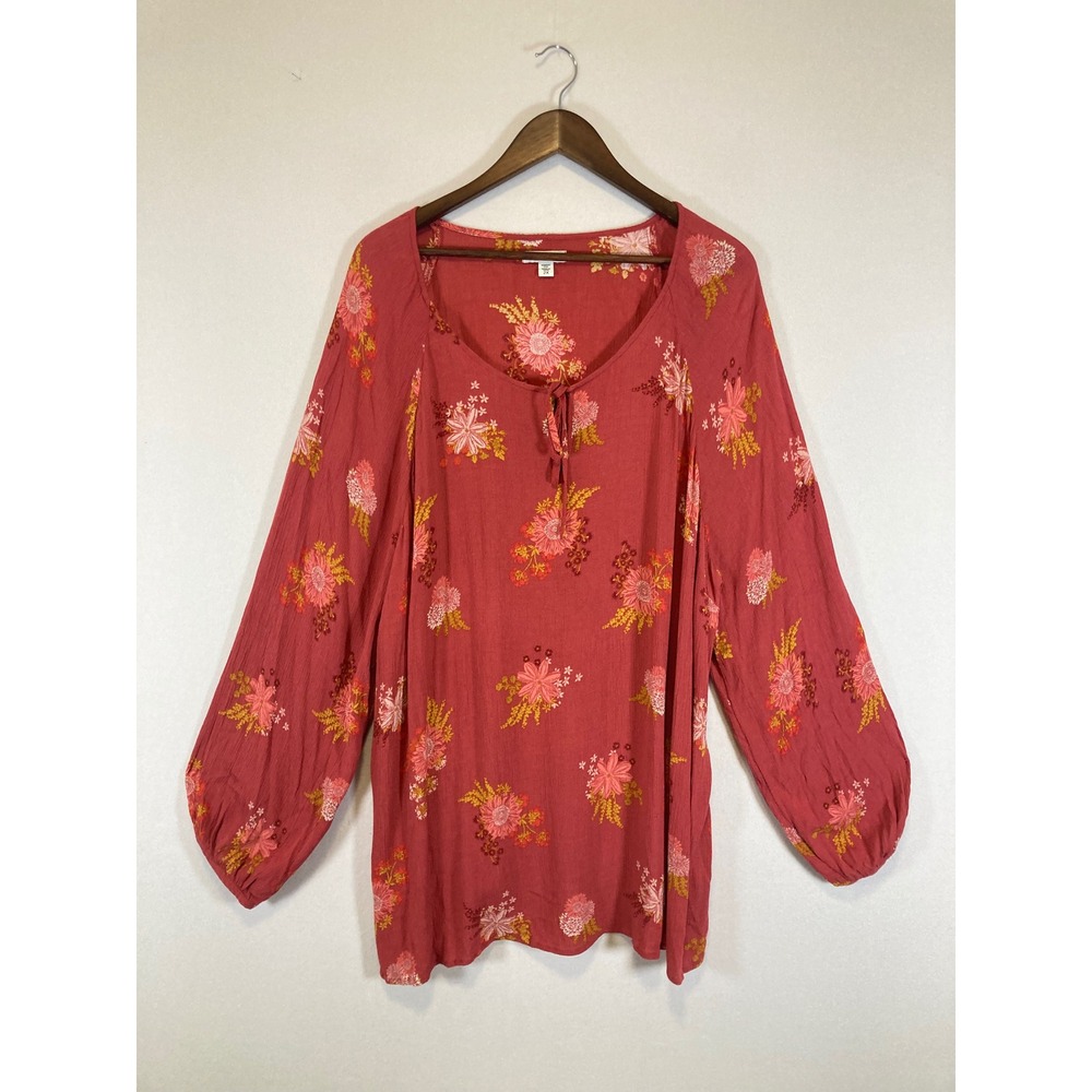 Boho Sonoma Goods For Life Women 2X Red Floral Balloon Sleeve Peasant Blouse Top